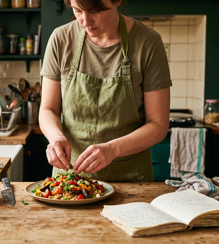 A home cook in a green apron finishing a colourful grain and roast-vegetable dish at a wooden kitchen counter, with fresh herbs and a recipe notebook beside her