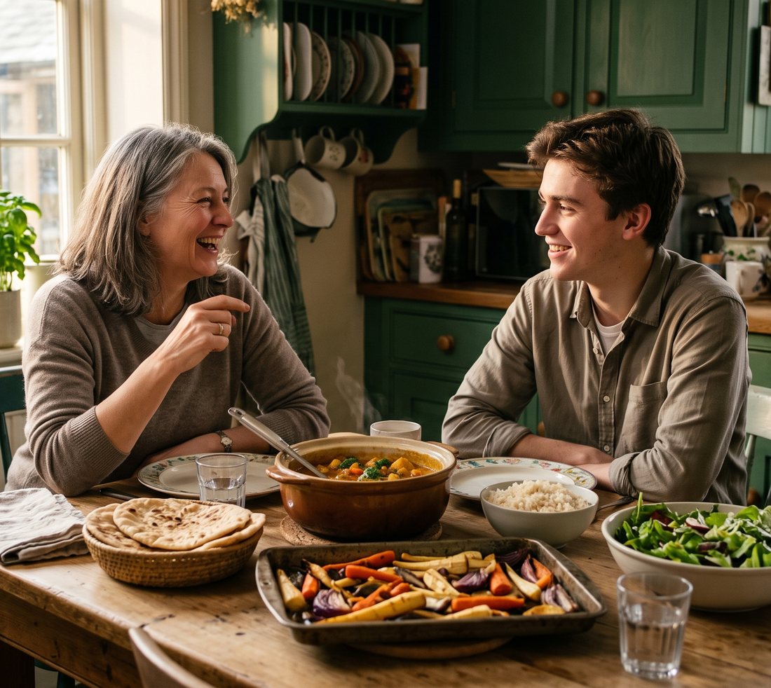 Two neighbours laughing together across a kitchen table set with a pot of vegetable curry, flatbreads, rice, roasted vegetables and a green salad